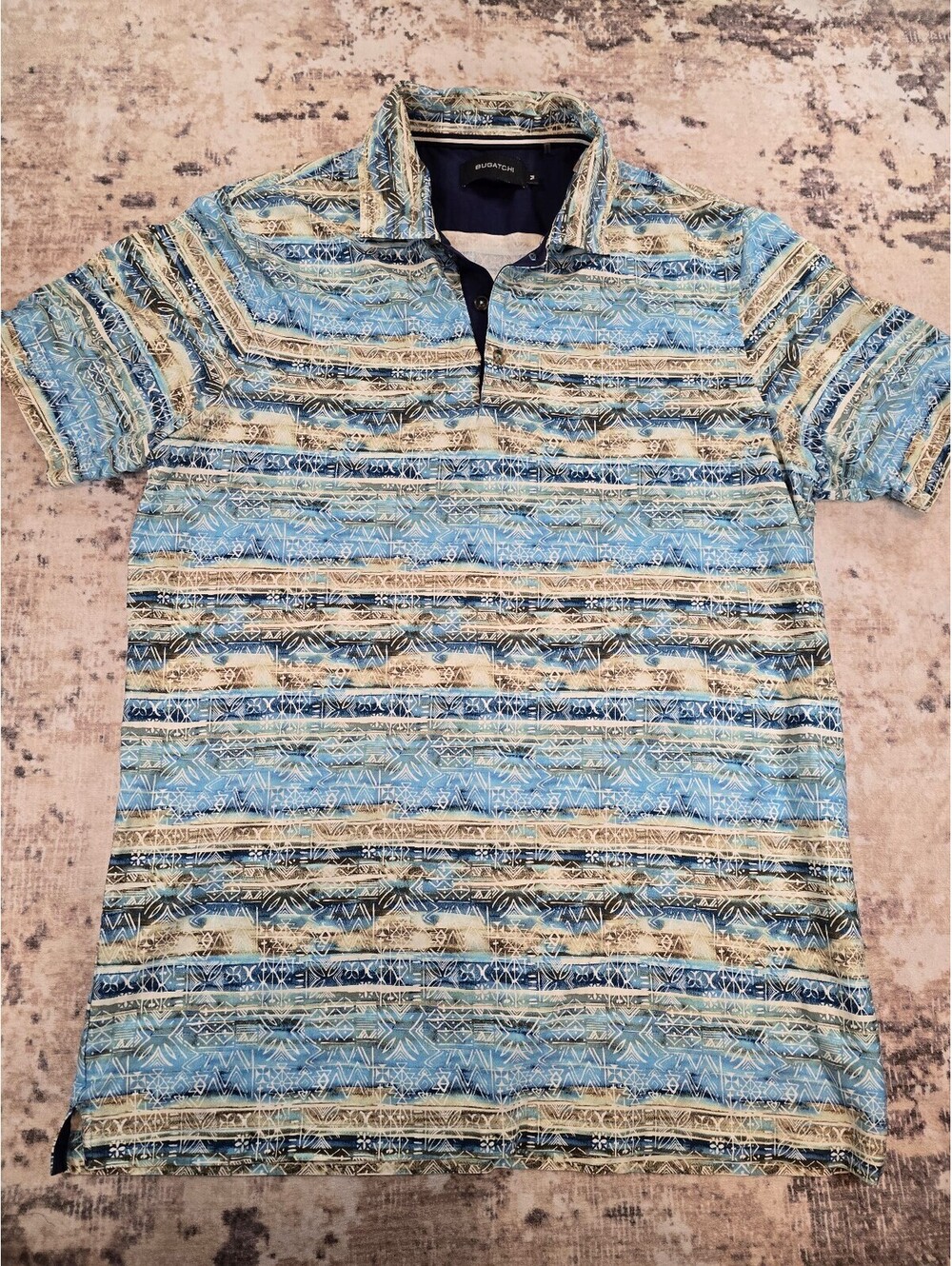 Bugatchi Men's Medium Blue Patterned Short Sleeve Polo Shirt